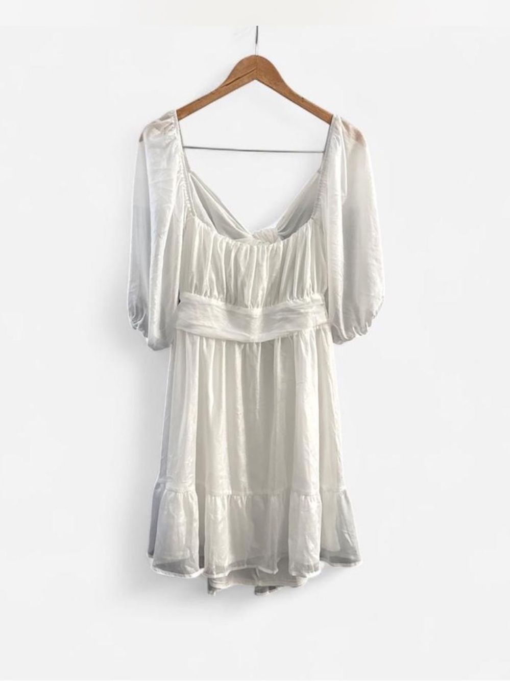 Lulu's White Satin Midi Dress XL puff Sleeves back tie fairy ethereal flowy NWT